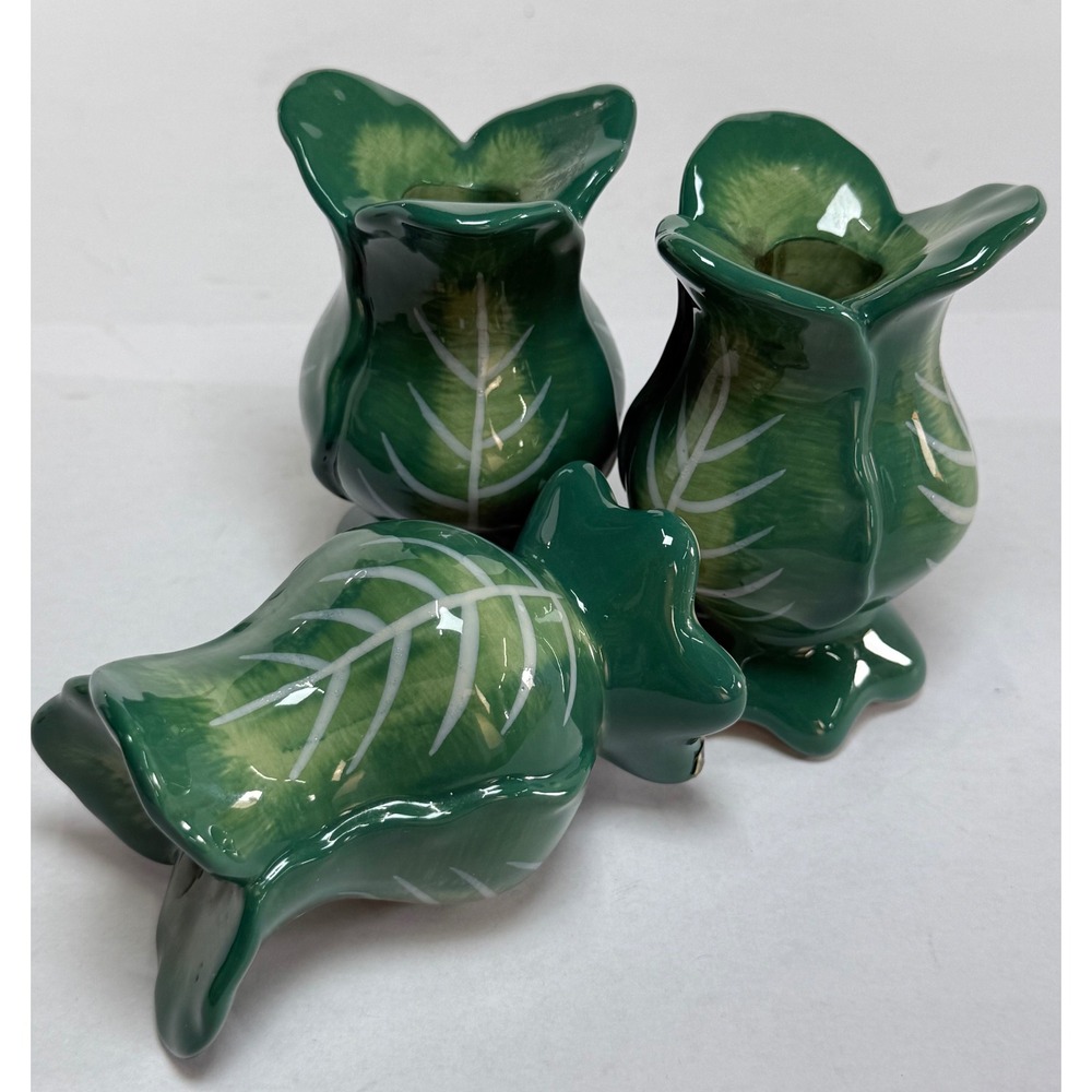 Green Cabbage Leaf Ceramic Taper Candle Holder Set of 3‎ - Picture 11 of 13
